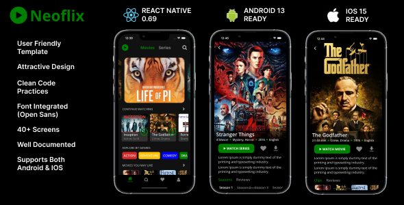 Neoflix, A Movie, Series And Video Streaming Android App + iOS App Template in React Native CLI.